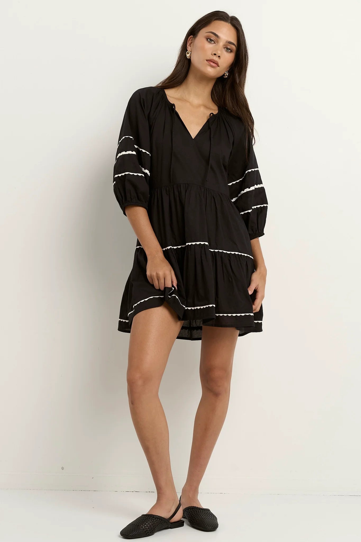 Again Black SS Tiered Smock Dress