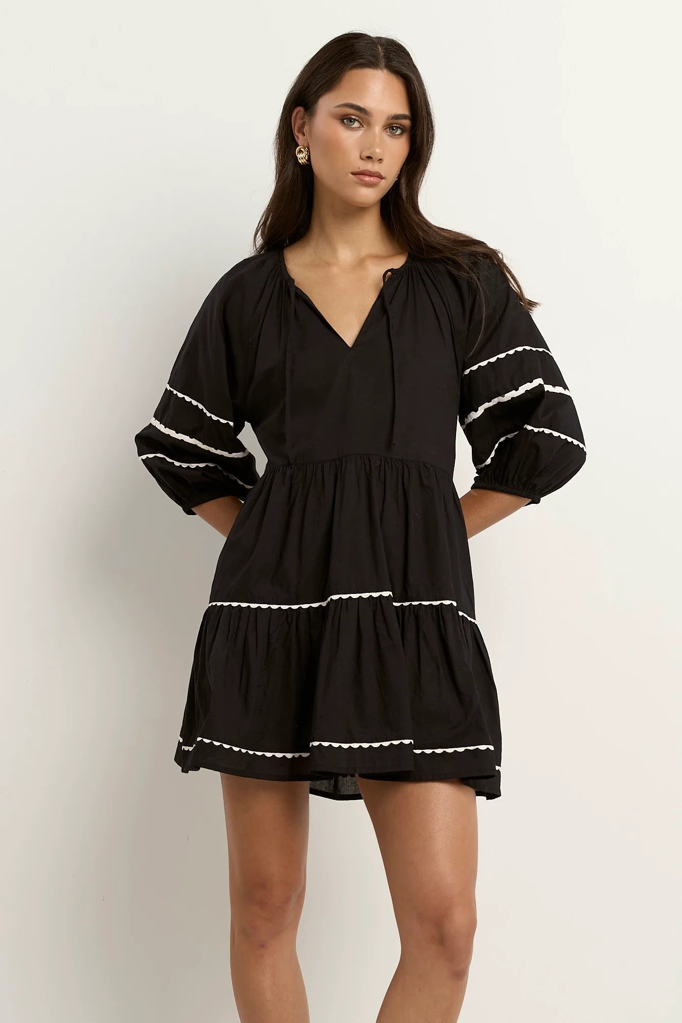 Again Black SS Tiered Smock Dress