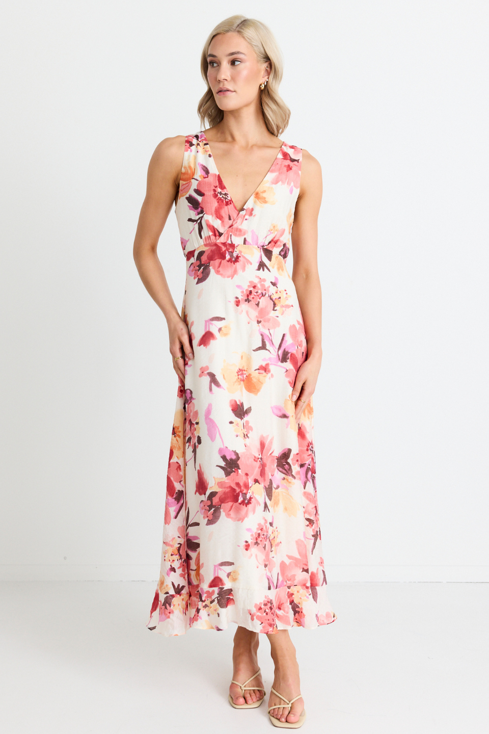 Angelic Vintage Blush Floral Sleeveless Frill Hem Midi Dress