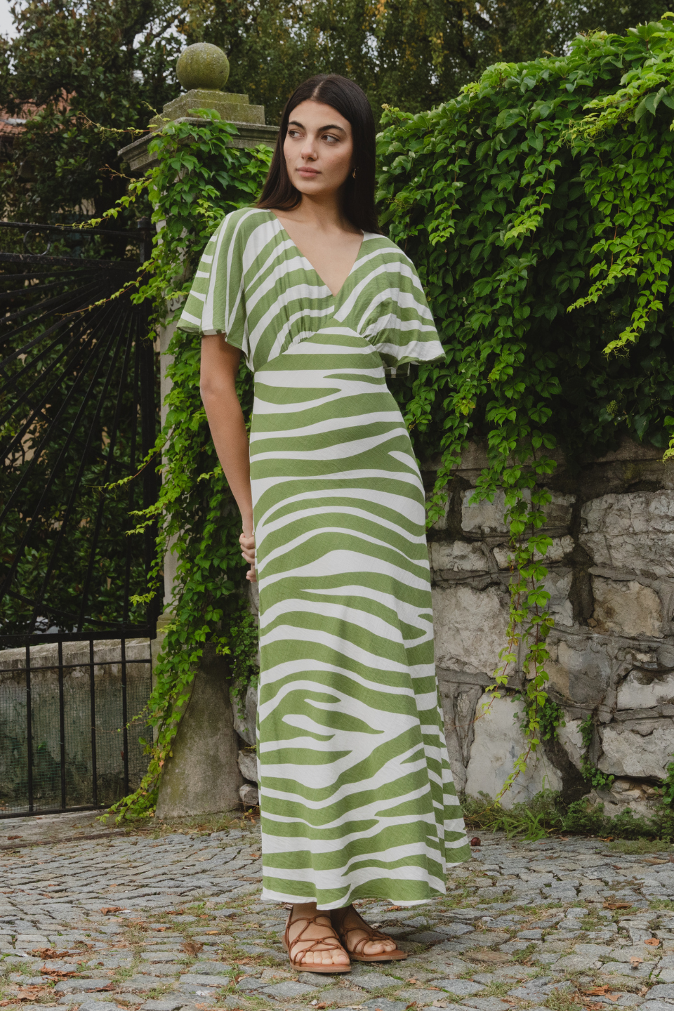 Anticipate Green Zebra Kimono Short Sleeve Bias Maxi Dress