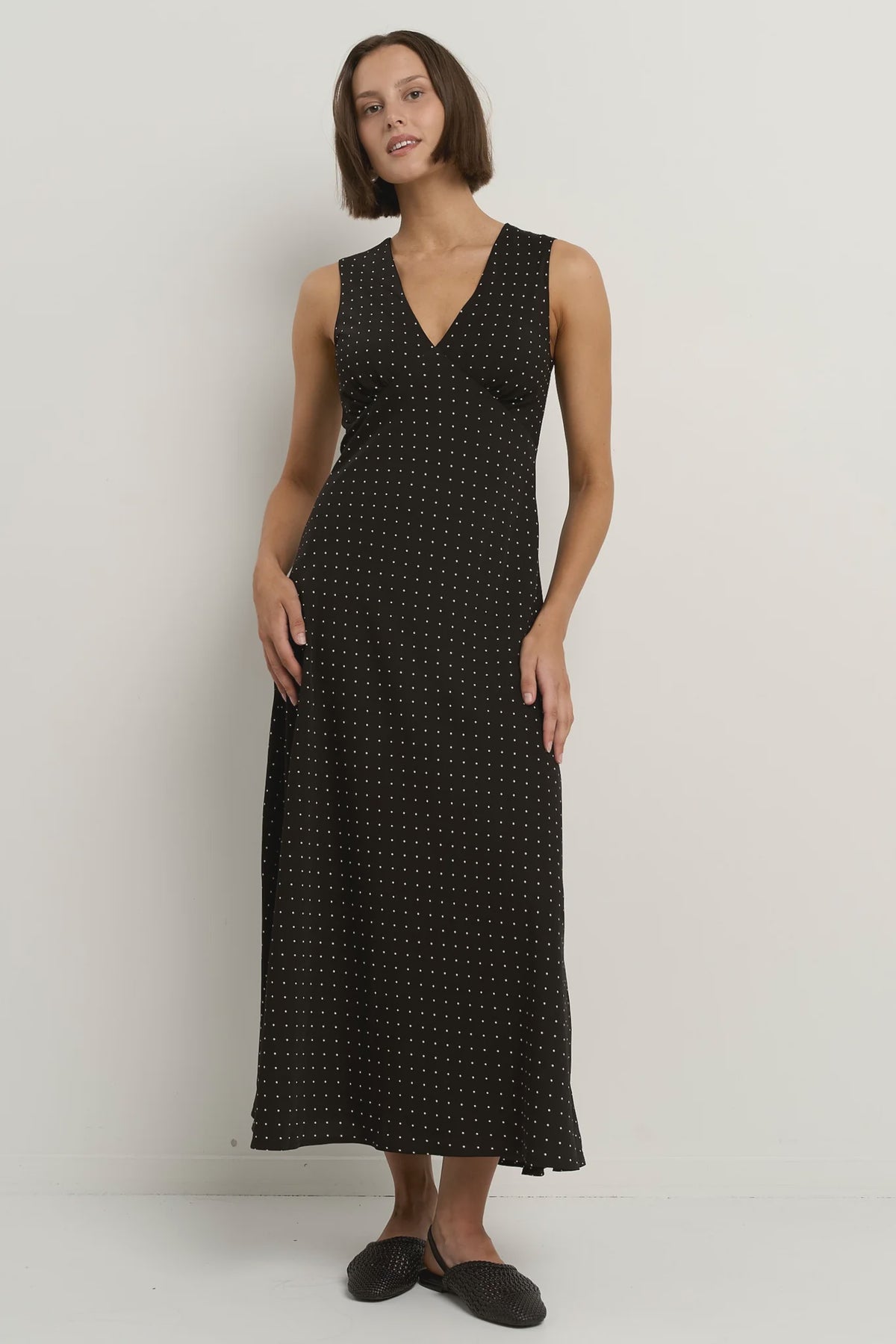 Aston Black Ditsy Polka Dot Satin Bias Flared Maxi Dress