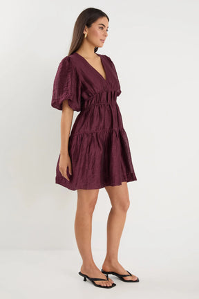 Axel Burgundy Plum Puff Sleeve V Neck Mini Dress
