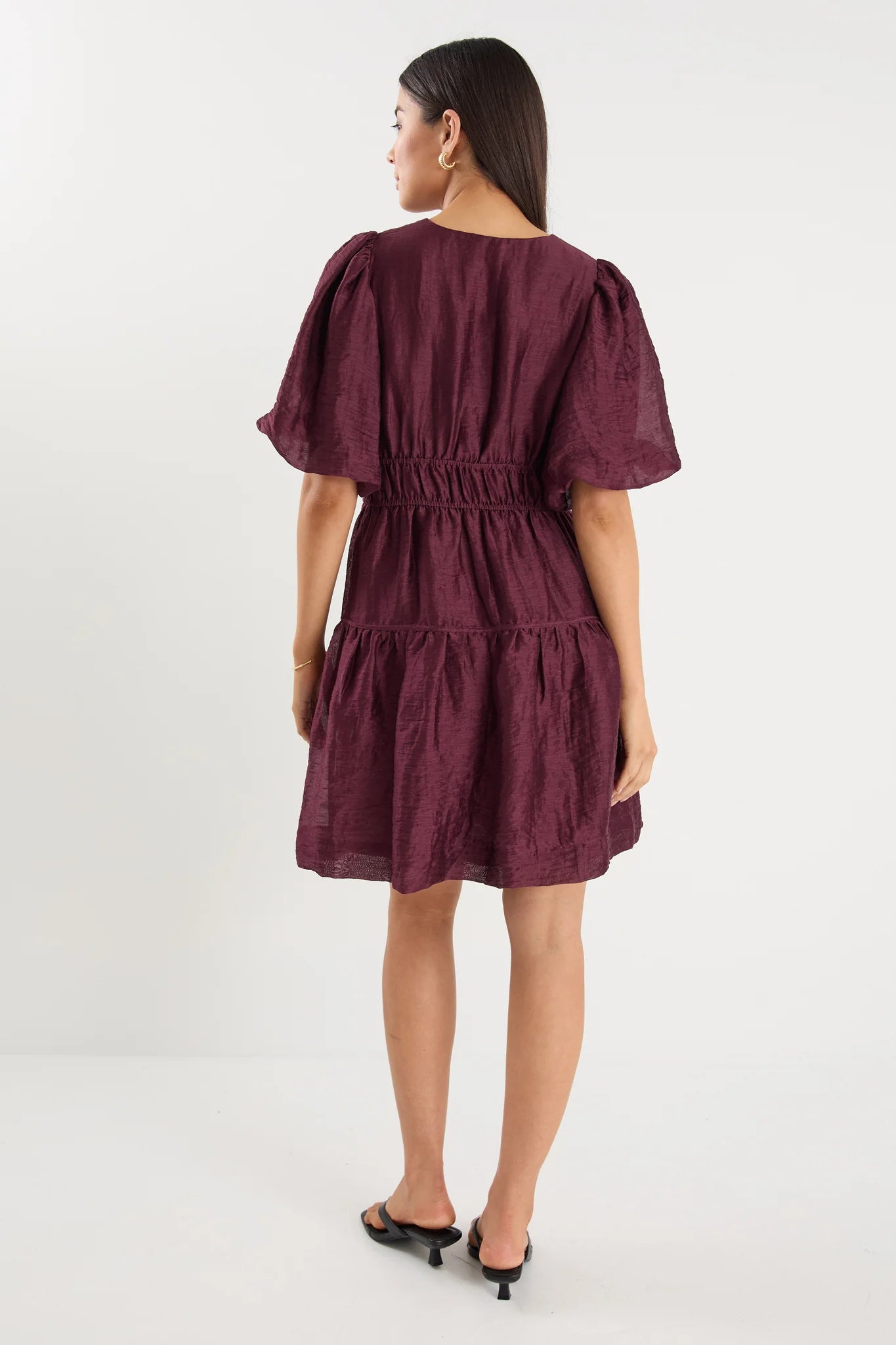 Axel Burgundy Plum Puff Sleeve V Neck Mini Dress