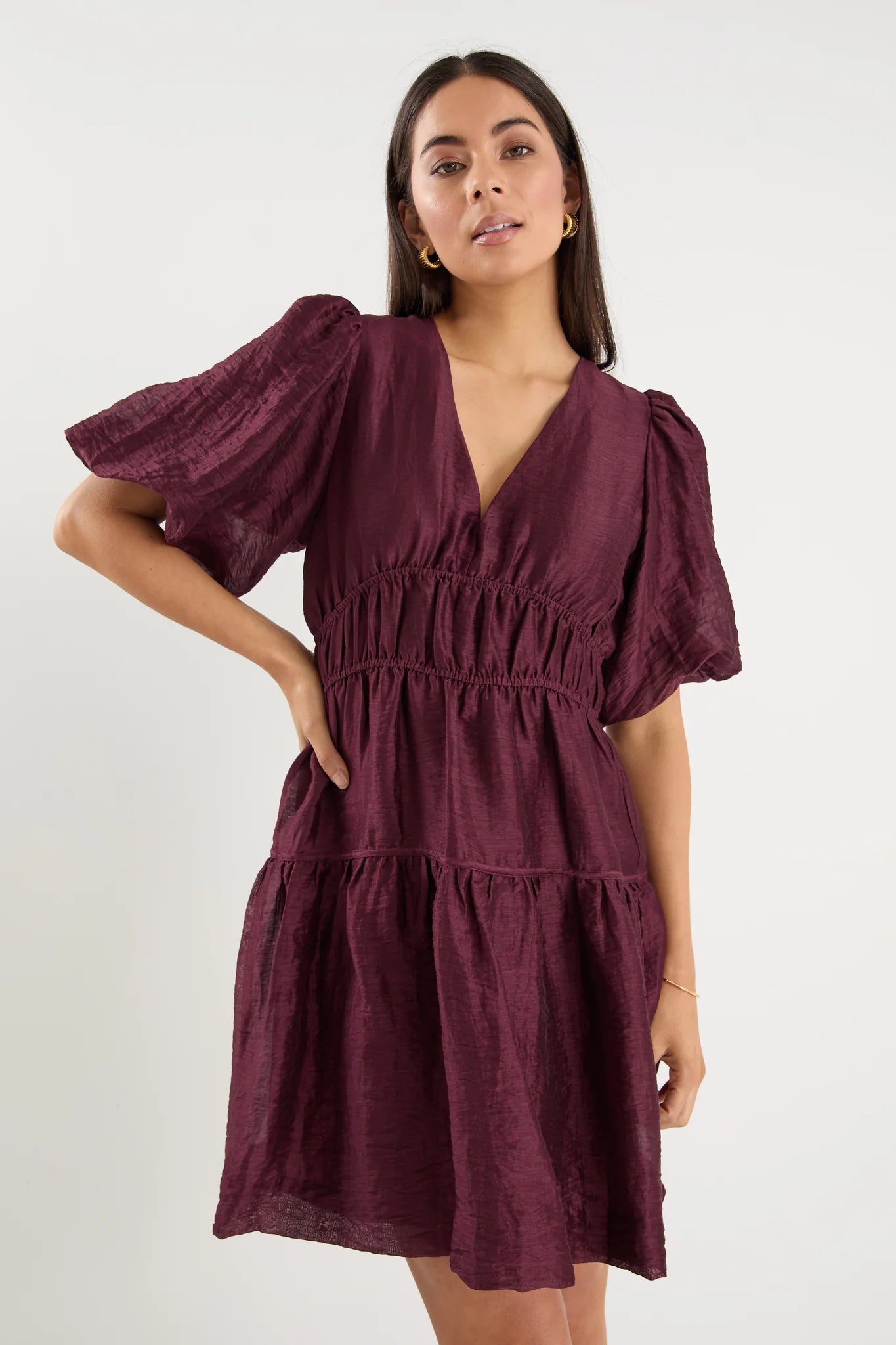 Axel Burgundy Plum Puff Sleeve V Neck Mini Dress