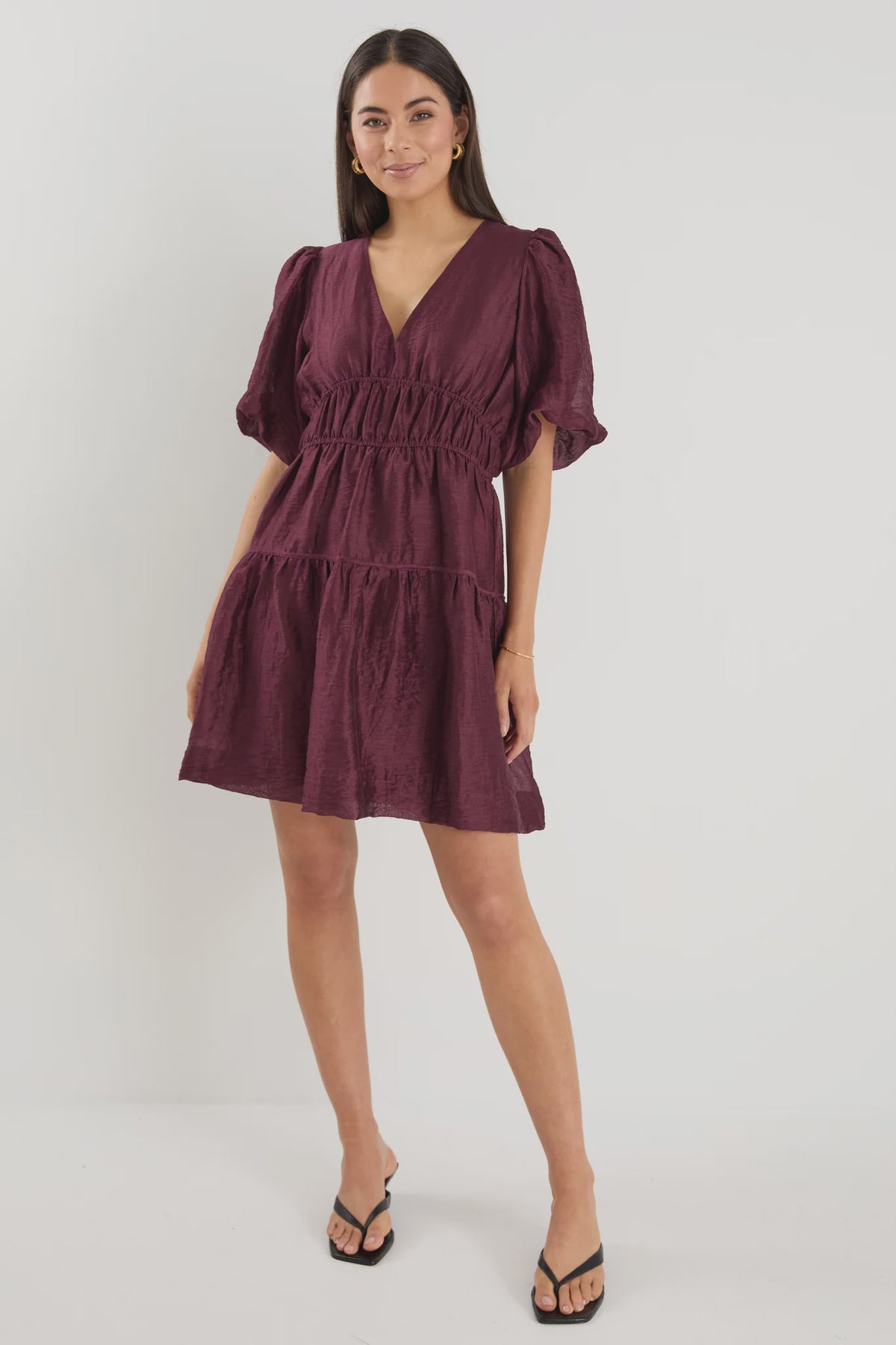 Axel Burgundy Plum Puff Sleeve V Neck Mini Dress