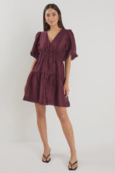 Axel Burgundy Plum Puff Sleeve V Neck Mini Dress