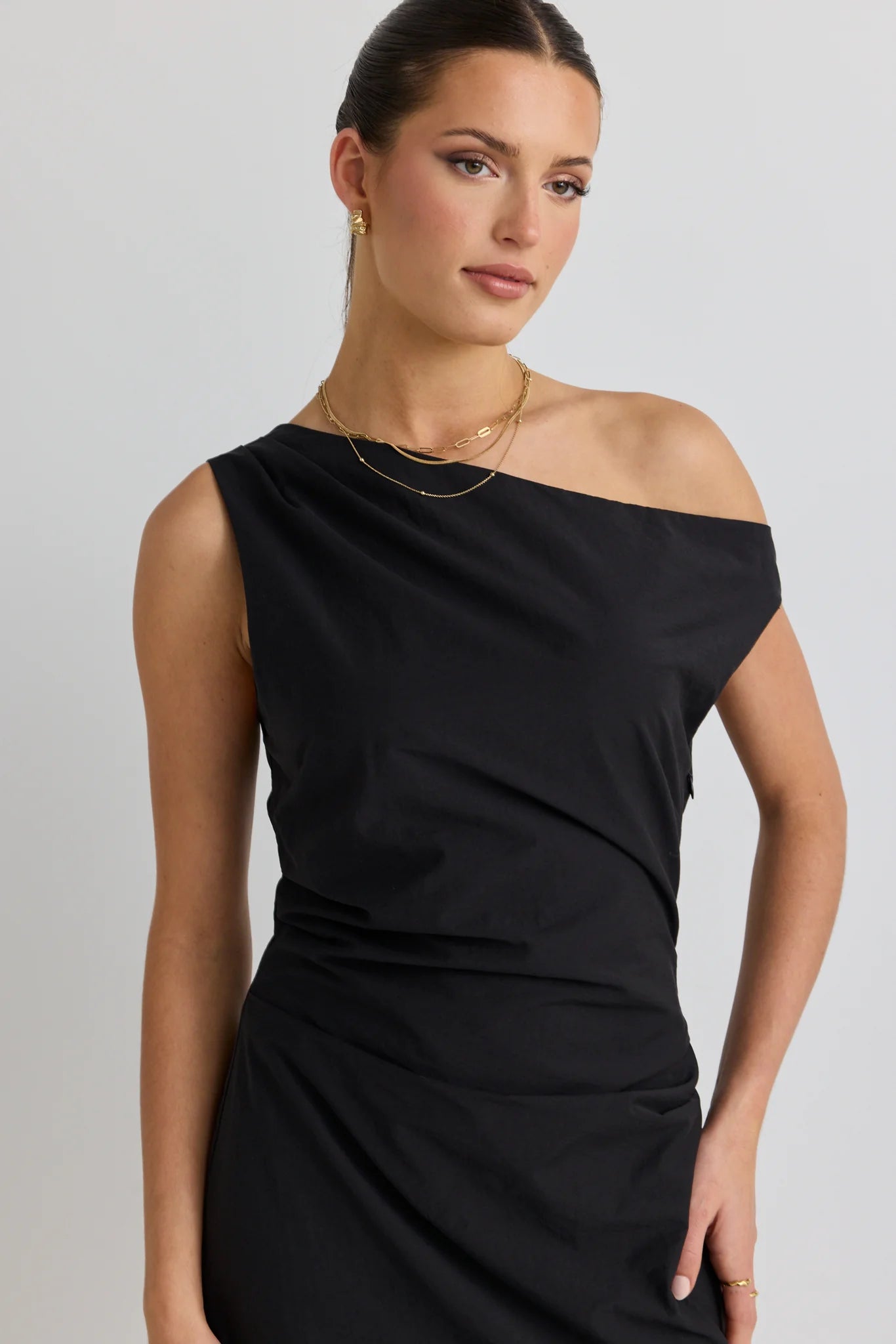 Classified Black Off Shoulder Tuck Midi Dress