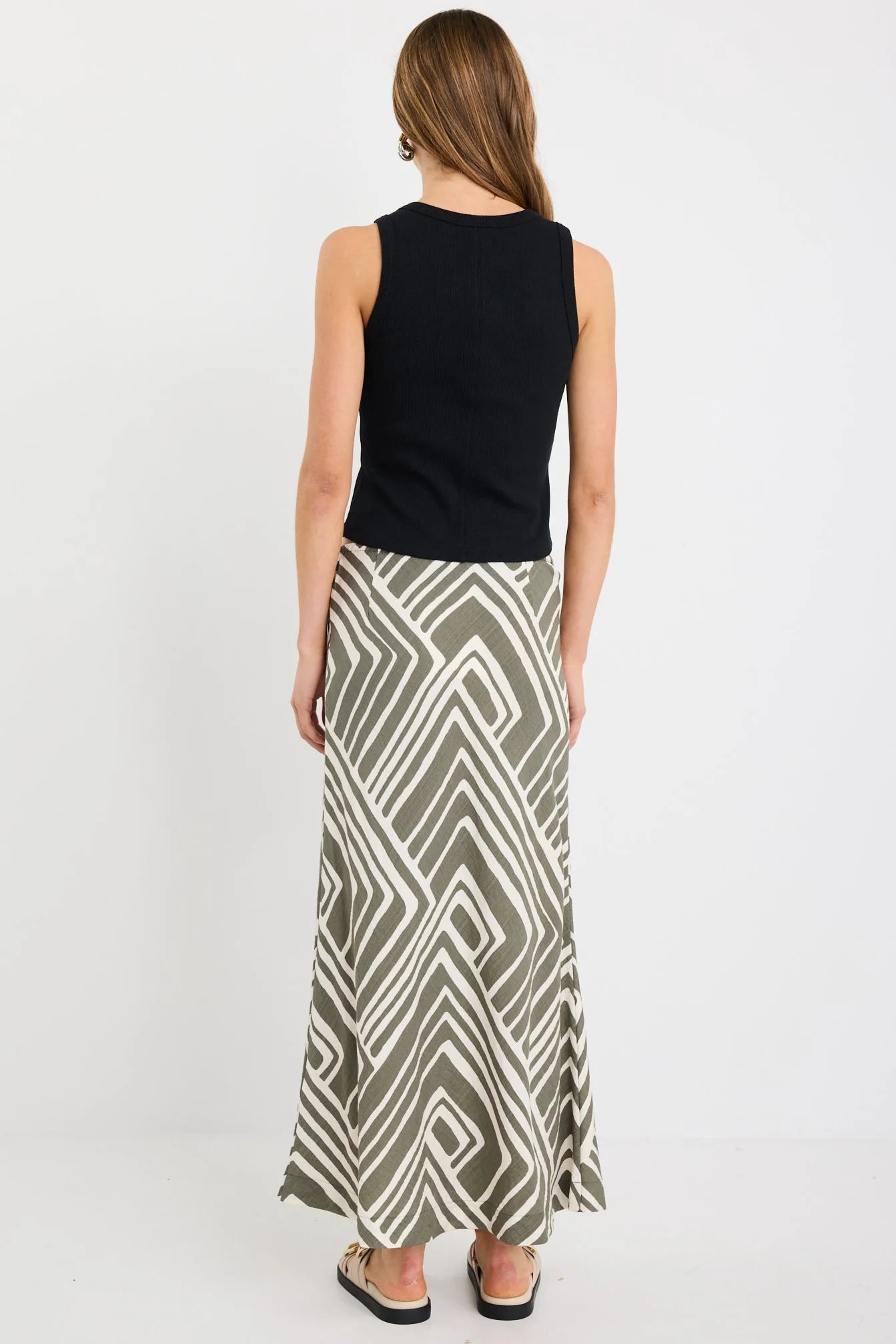 Departure Khaki Maze Print Tie Waist Bias Maxi Skirt