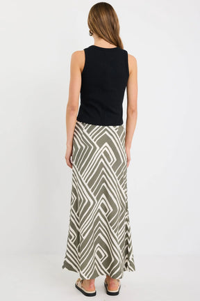 Departure Khaki Maze Print Tie Waist Bias Maxi Skirt