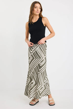 Departure Khaki Maze Print Tie Waist Bias Maxi Skirt