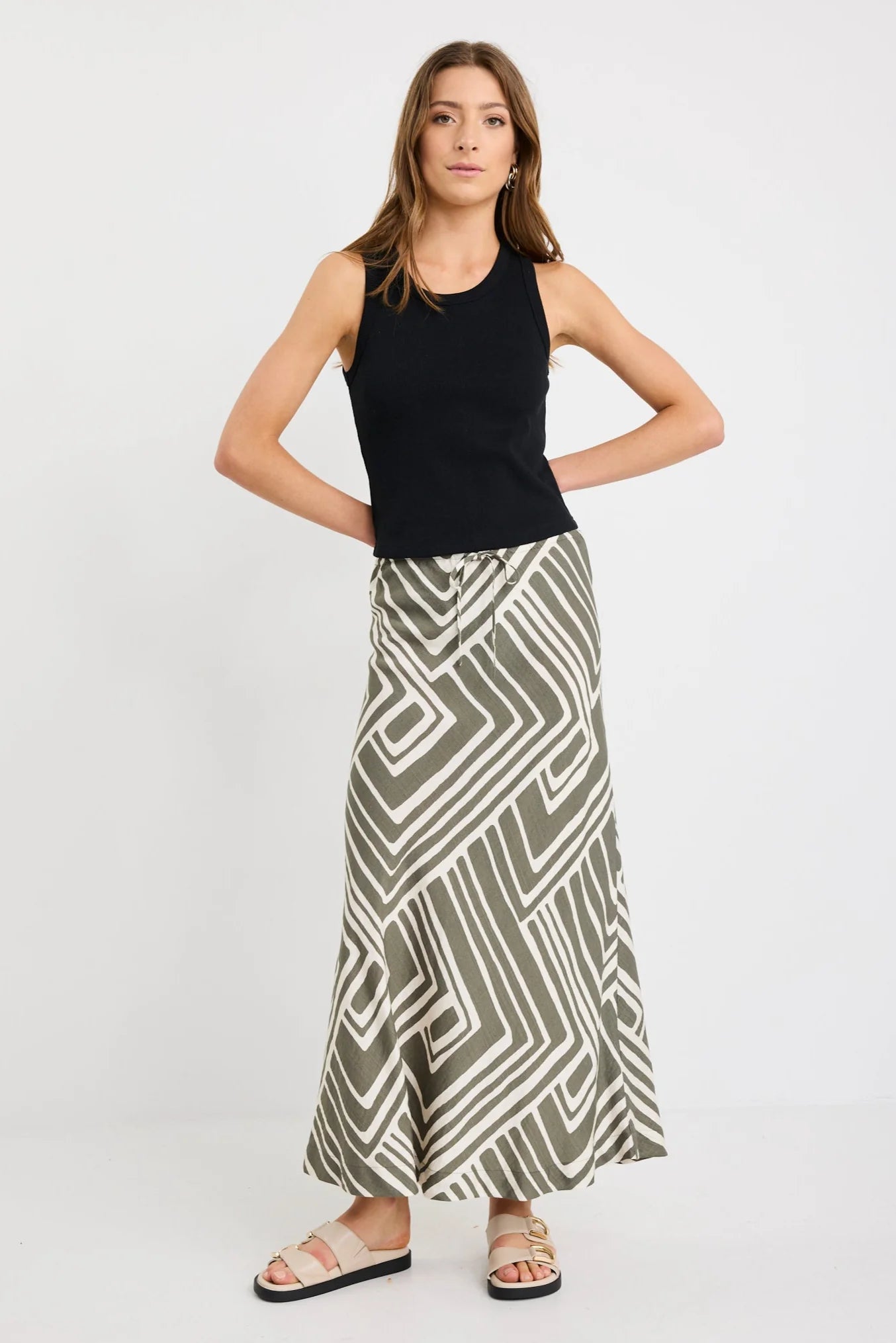 Departure Khaki Maze Print Tie Waist Bias Maxi Skirt