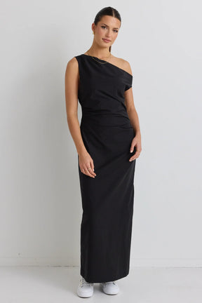 Classified Black Off Shoulder Tuck Midi Dress