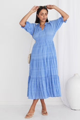 Charlie French Blue Shirred Cotton Tiered Midi Dress