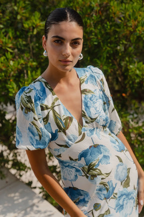 Amora Blue Vintage Floral SS Bias Midi Dress
