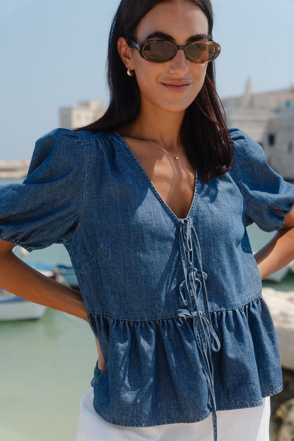 Restore Storm Blue Chambray Tie Front Peplum SS Top