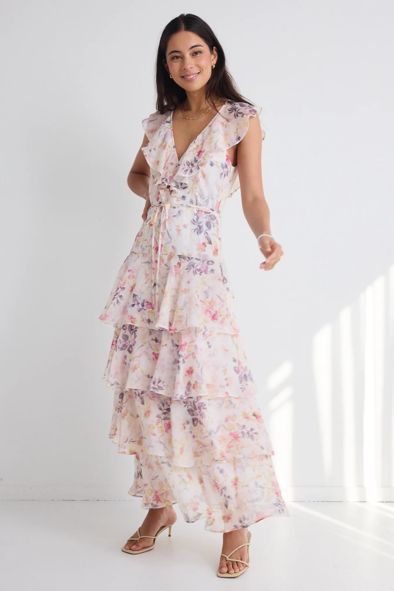 Everly Ivory Bouquet Flutter Sleeve Tiered Maxi Dress