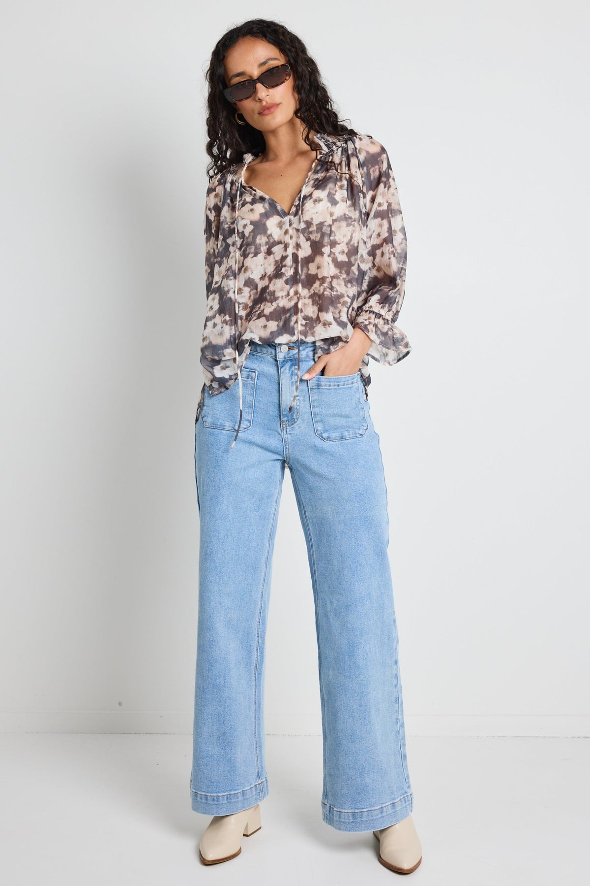 Expedition Charcoal Floral Shirred Neck SS Top