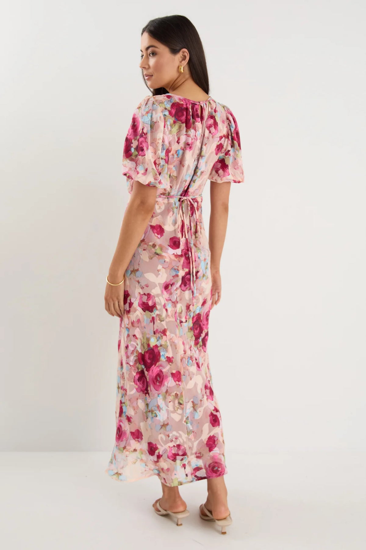 Exquisite Painted Rose Puff Sleeve Midi Dress