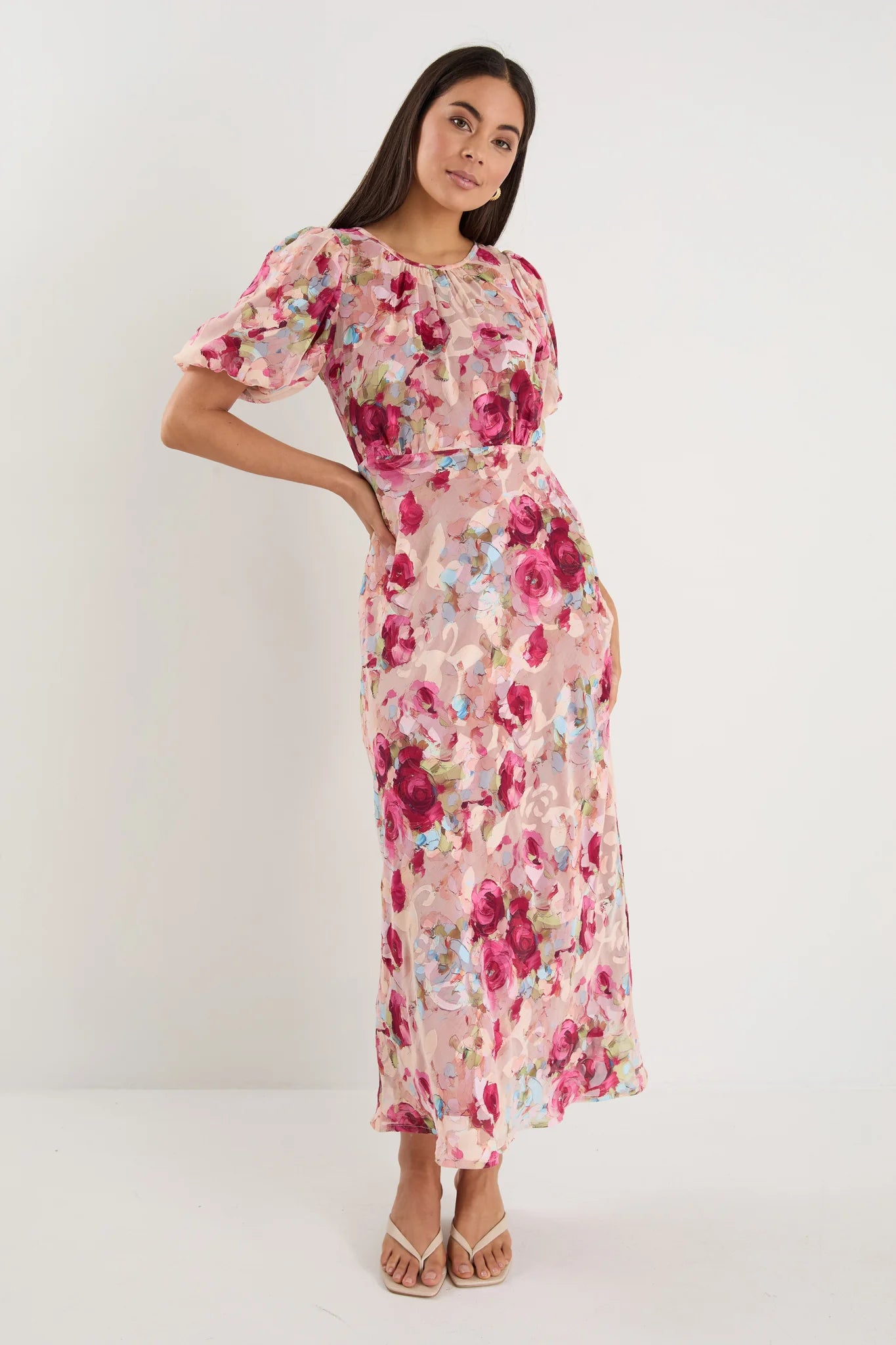 Exquisite Painted Rose Puff Sleeve Midi Dress