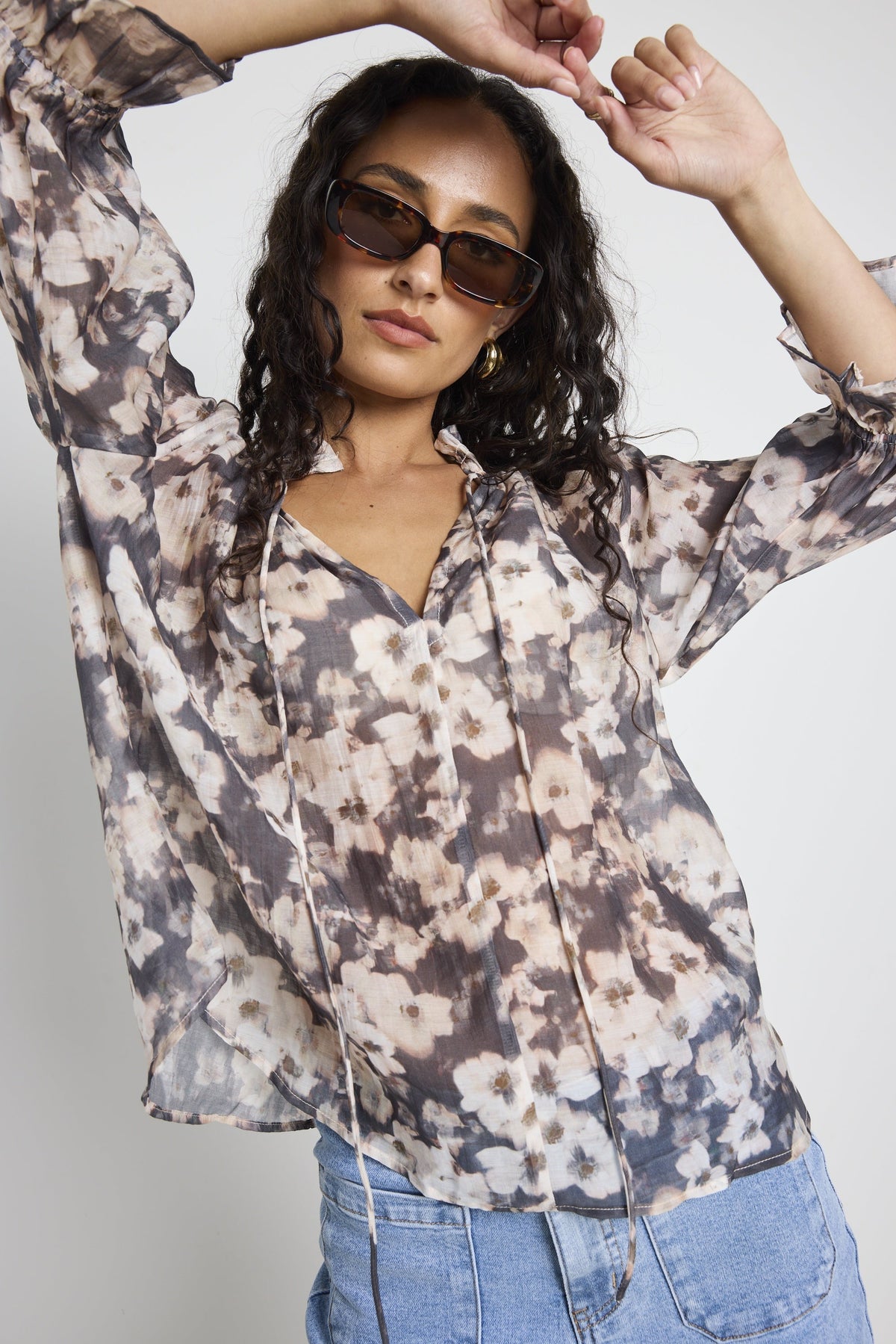 Expedition Charcoal Floral Shirred Neck SS Top