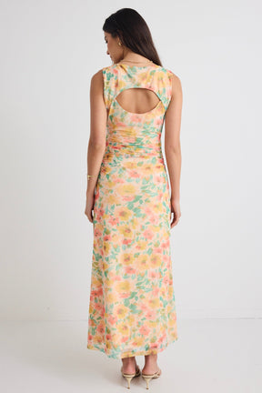 Fast Golden Floral Mesh Boat Neck Sleeveless Maxi Dress