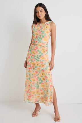 Fast Golden Floral Mesh Boat Neck Sleeveless Maxi Dress