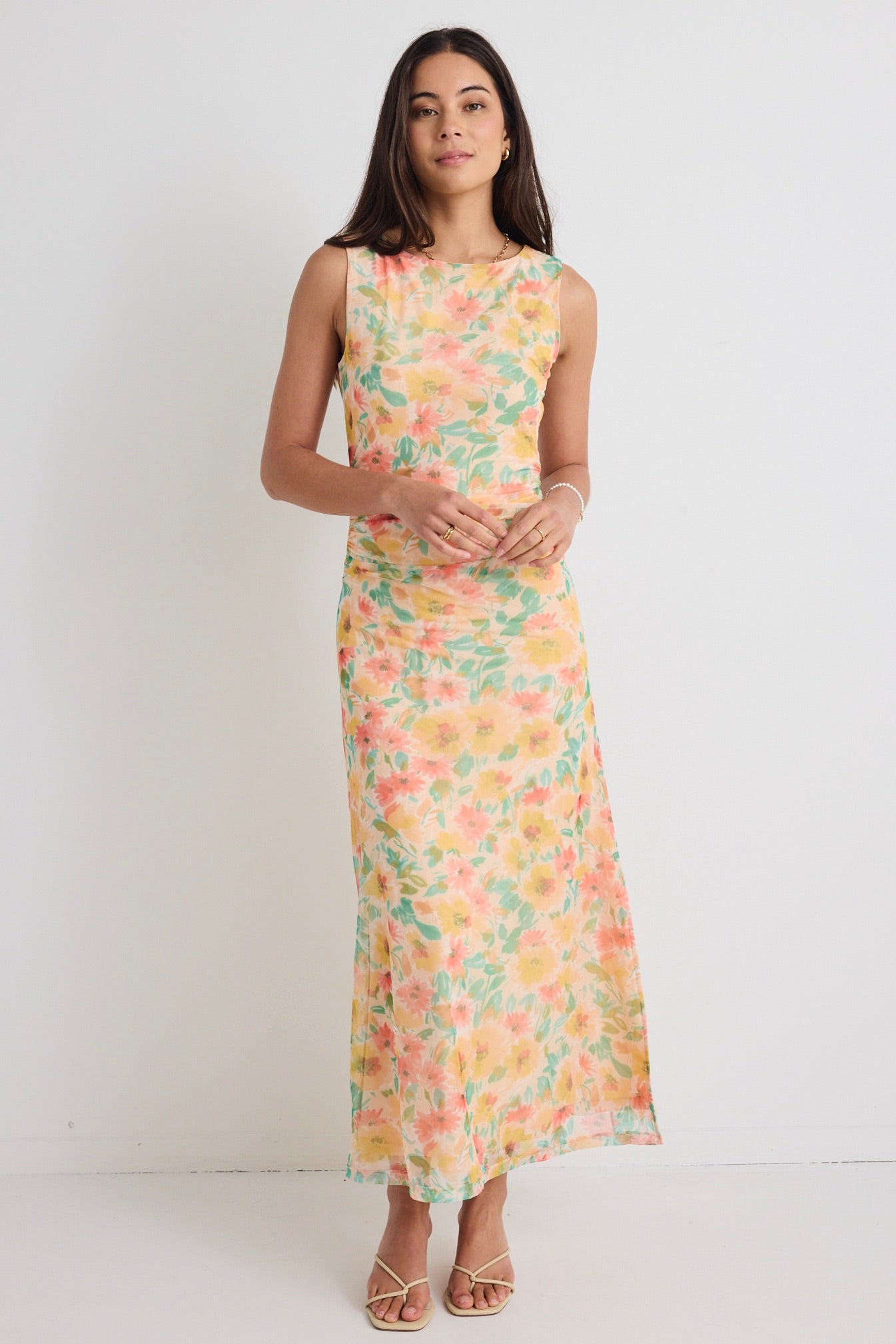 Fast Golden Floral Mesh Boat Neck Sleeveless Maxi Dress