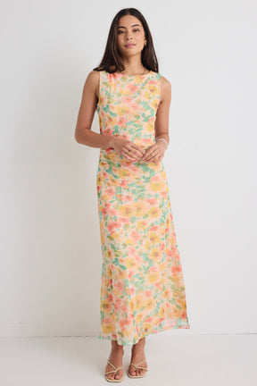 Fast Golden Floral Mesh Boat Neck Sleeveless Maxi Dress