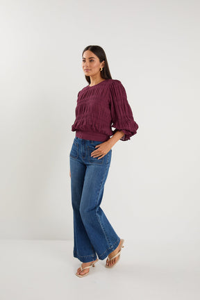 Imagine Burgundy Shirred Cotton Frill Sleeve LS Top