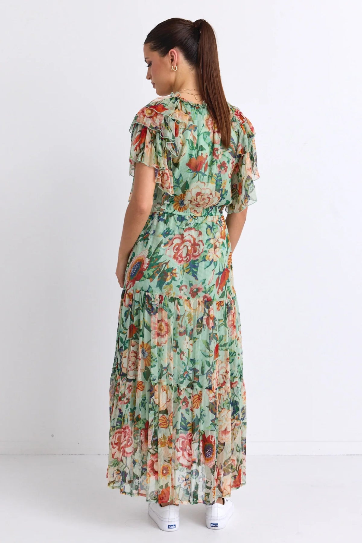 Flutter Green Floral Floaty Sleeve Maxi Dress