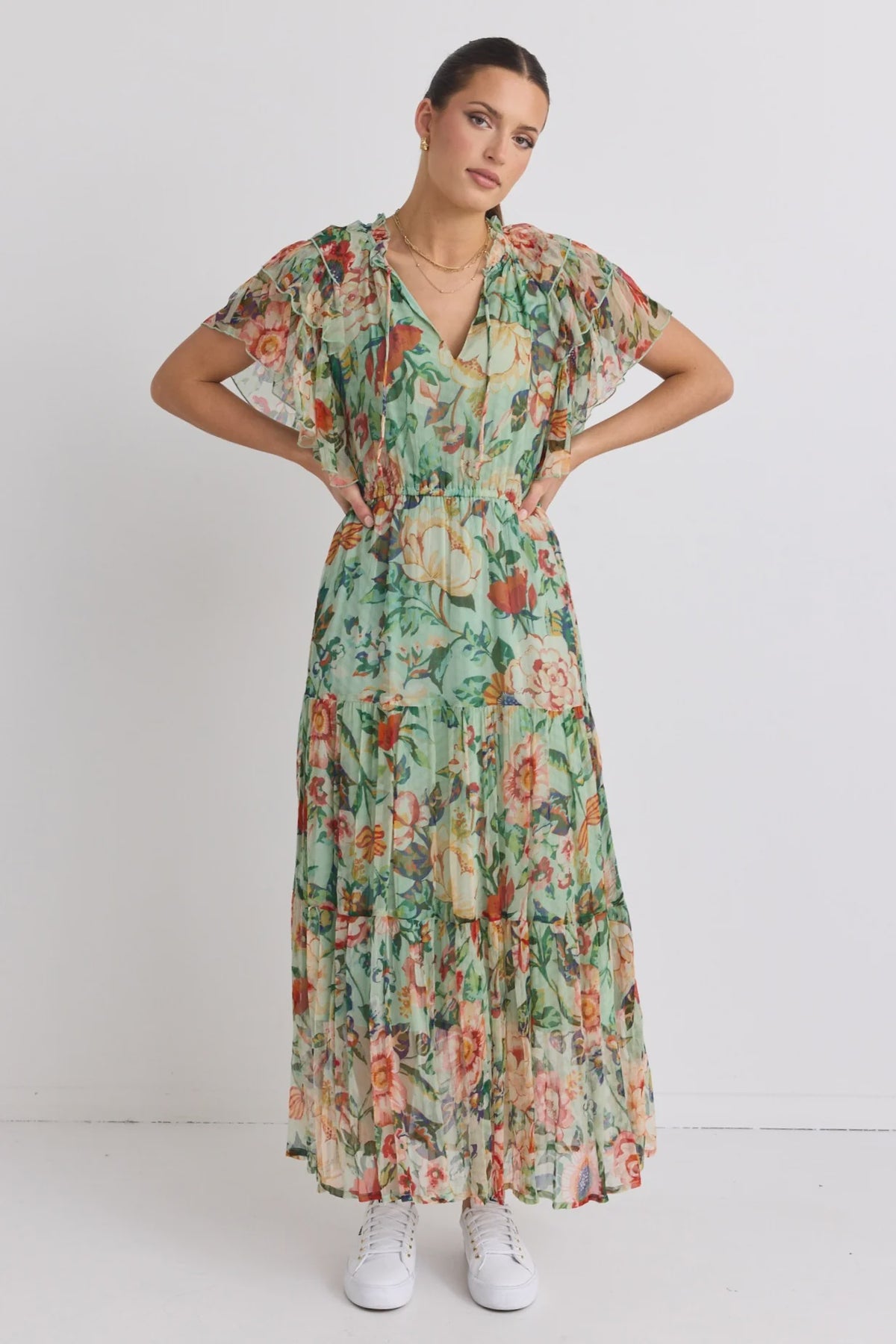 Flutter Green Floral Floaty Sleeve Maxi Dress