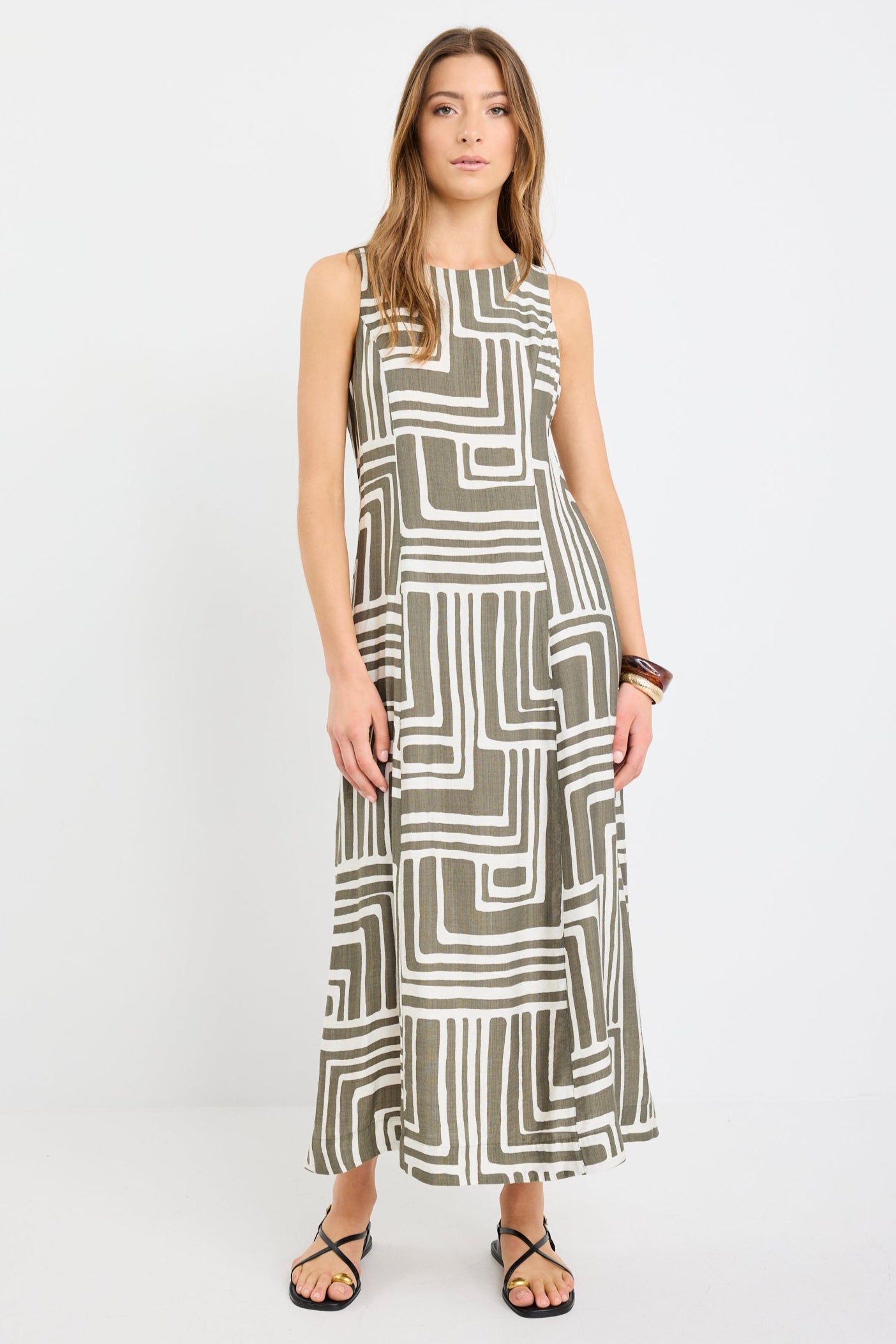 Future Khaki Maze Print Sleeveless Midi Dress