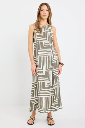 Future Khaki Maze Print Sleeveless Midi Dress