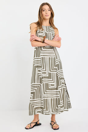 Future Khaki Maze Print Sleeveless Midi Dress