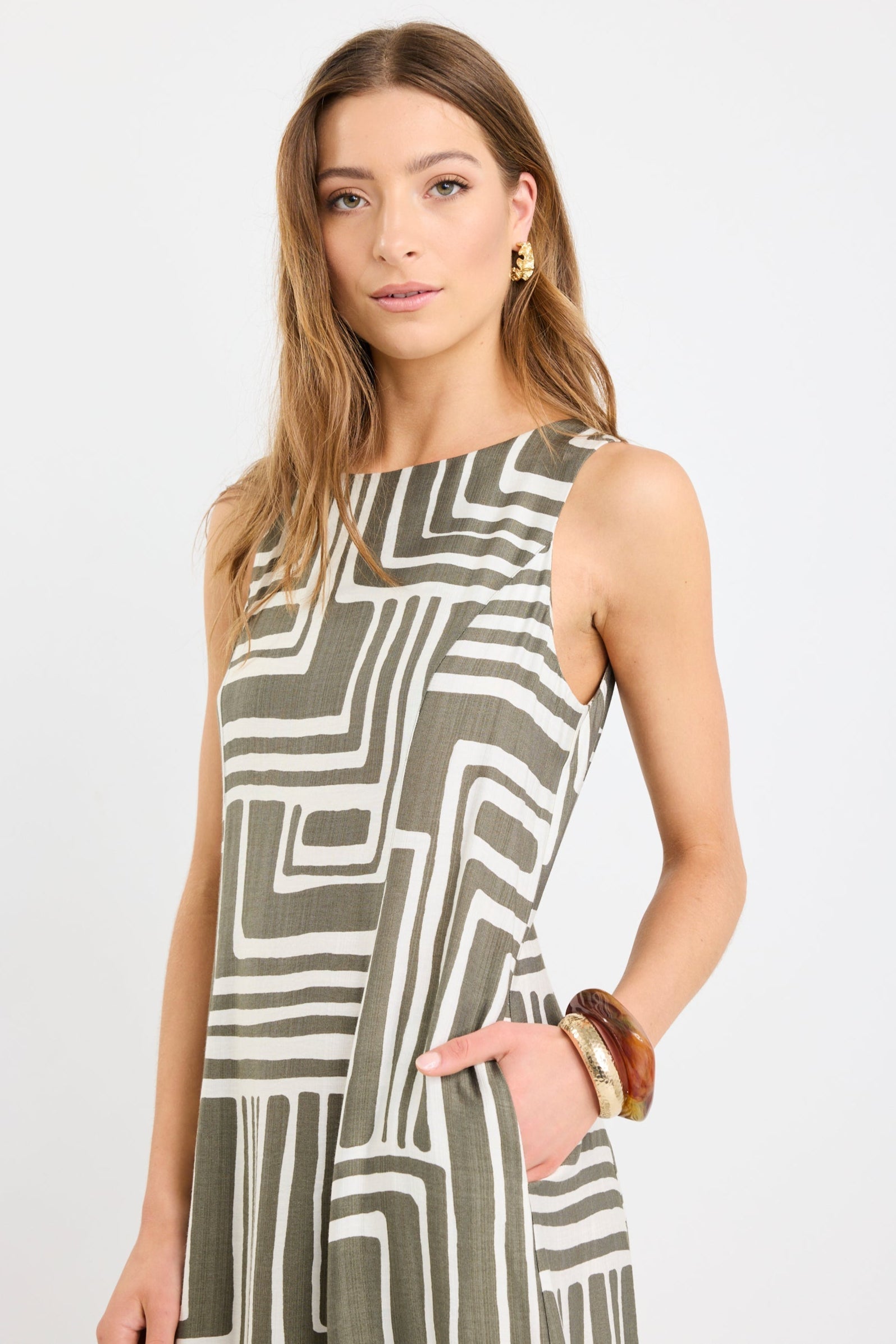 Future Khaki Maze Print Sleeveless Midi Dress