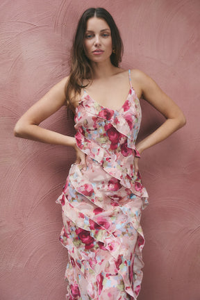 Galore Painted Rose Bias Ruffle Slip Maxi Dress