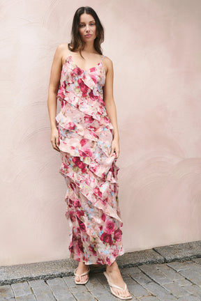 Galore Painted Rose Bias Ruffle Slip Maxi Dress