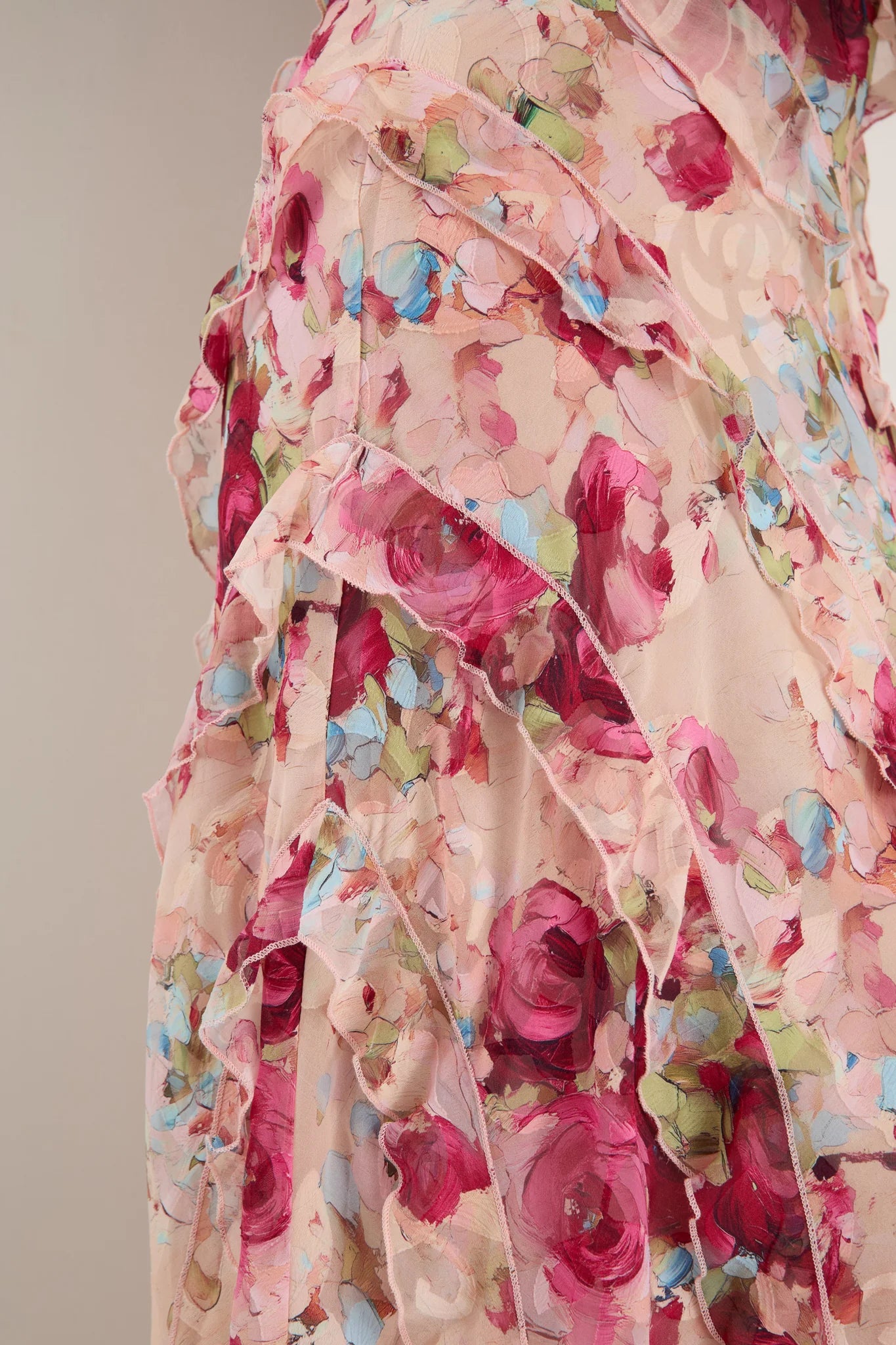 Galore Painted Rose Bias Ruffle Slip Maxi Dress