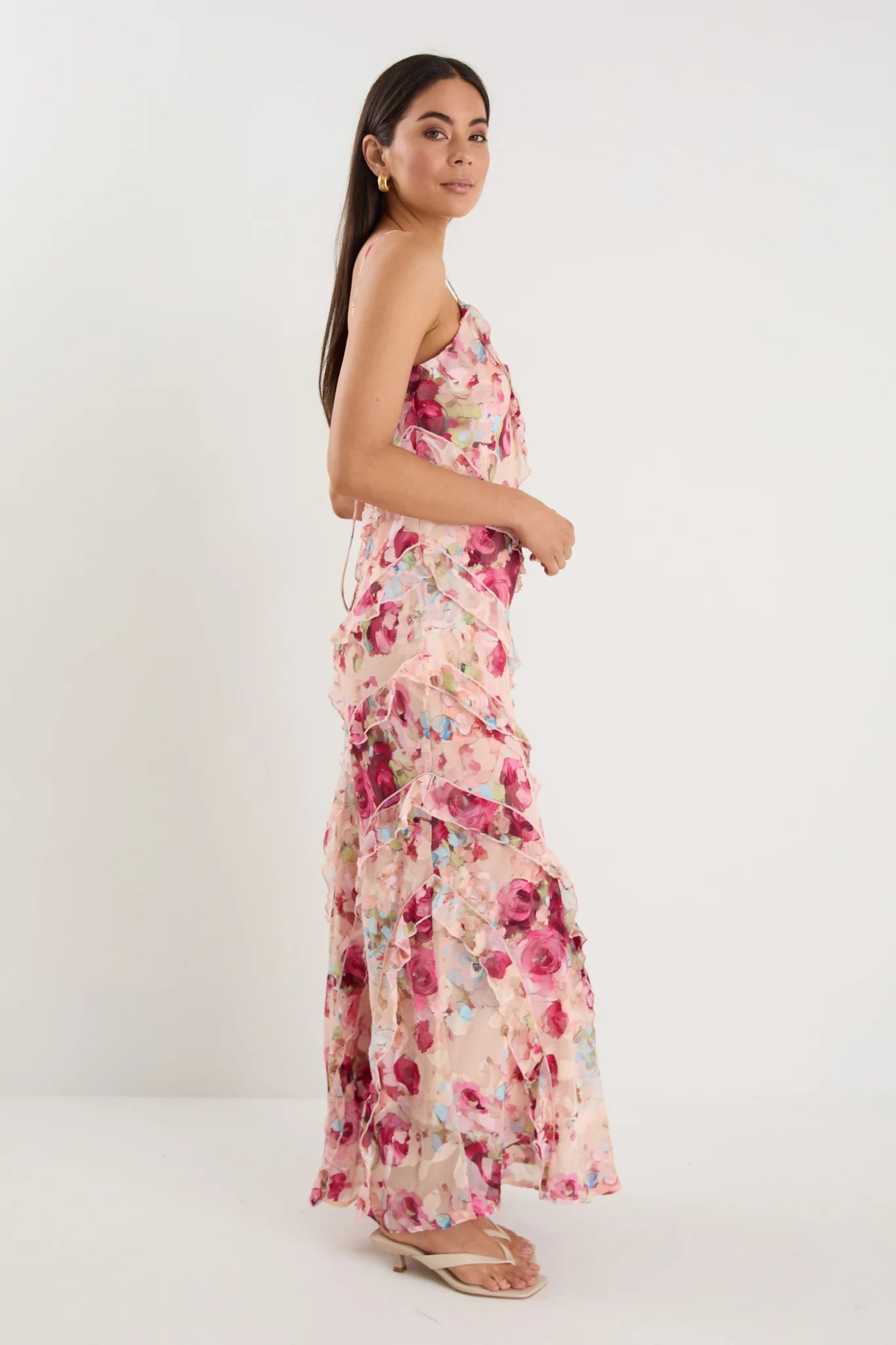 Galore Painted Rose Bias Ruffle Slip Maxi Dress