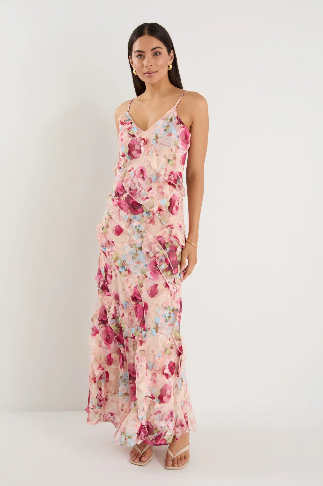 Galore Painted Rose Bias Ruffle Slip Maxi Dress