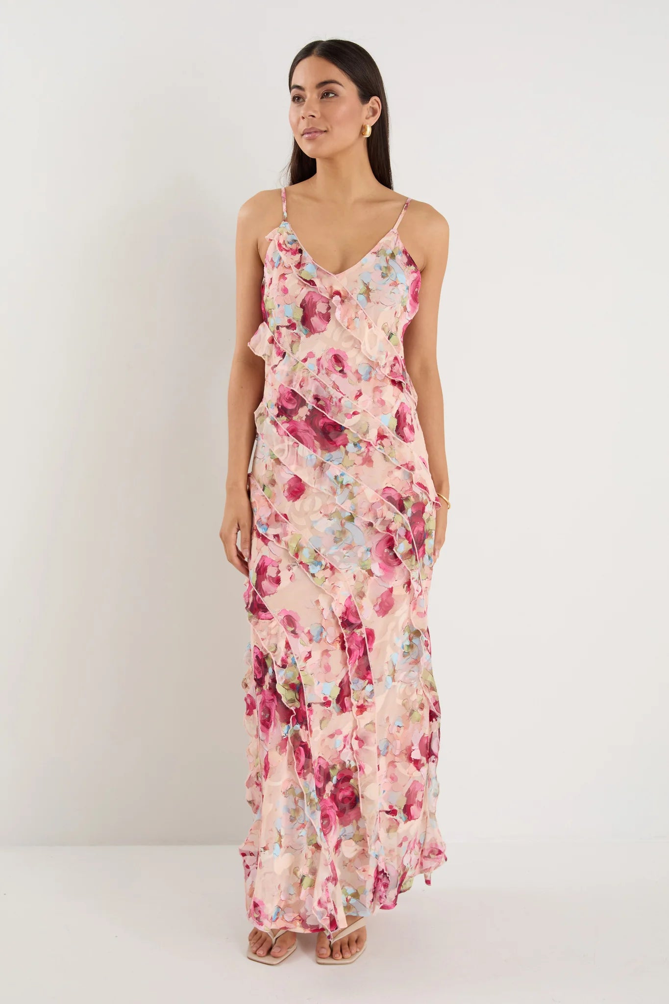 Galore Painted Rose Bias Ruffle Slip Maxi Dress