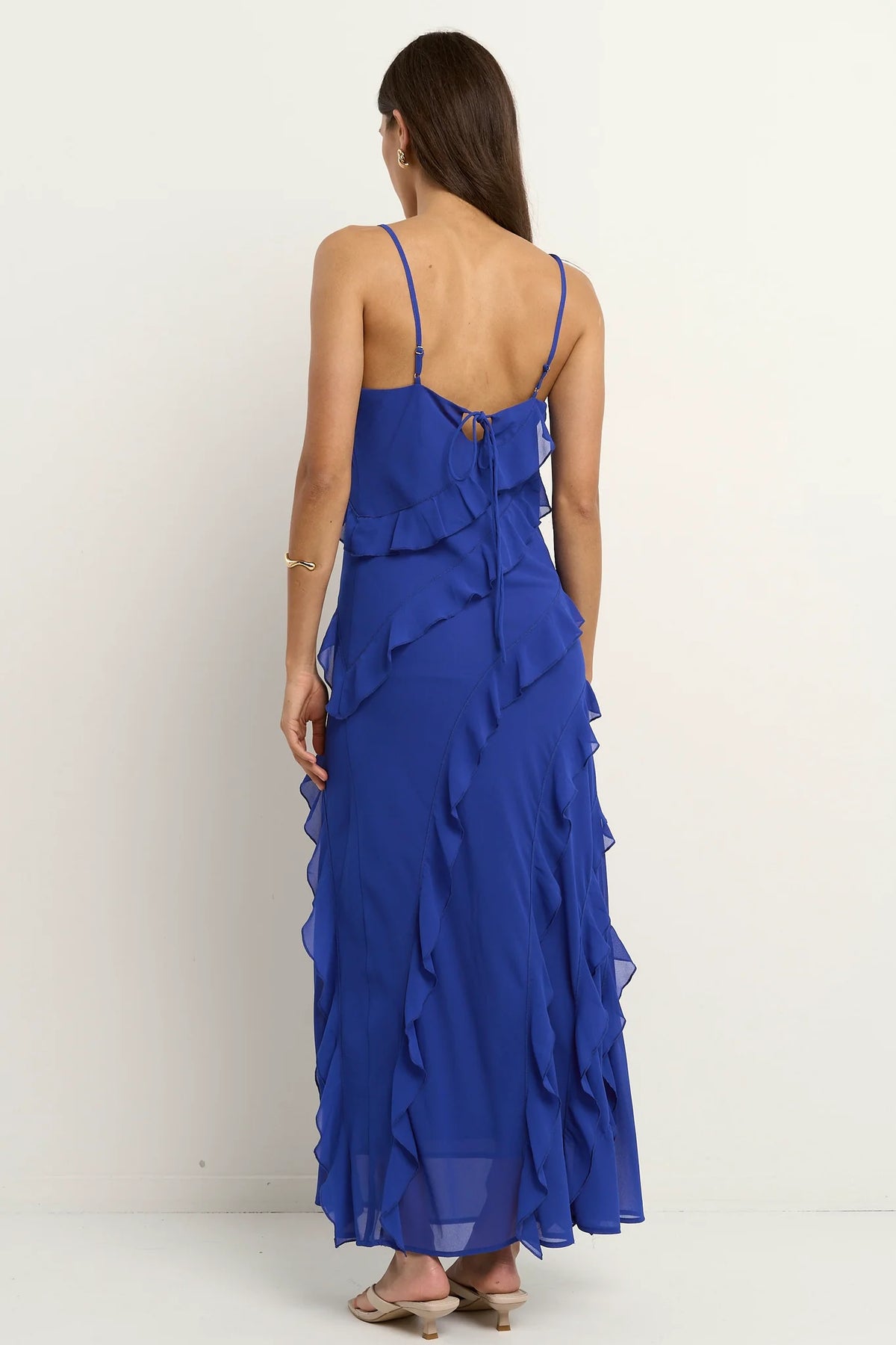 Galore Electric Blue Bias Ruffle Slip Maxi Dress