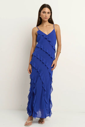 Galore Electric Blue Bias Ruffle Slip Maxi Dress