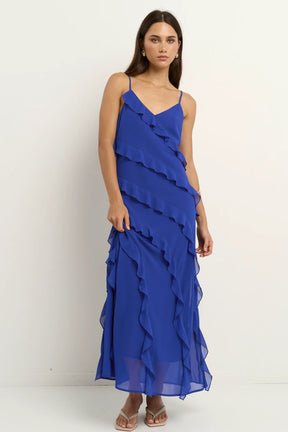 Galore Electric Blue Bias Ruffle Slip Maxi Dress