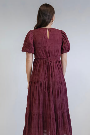 Graceful Burgundy Shirred Cotton Bubble Short Sleeve Tiered Maxi Dress