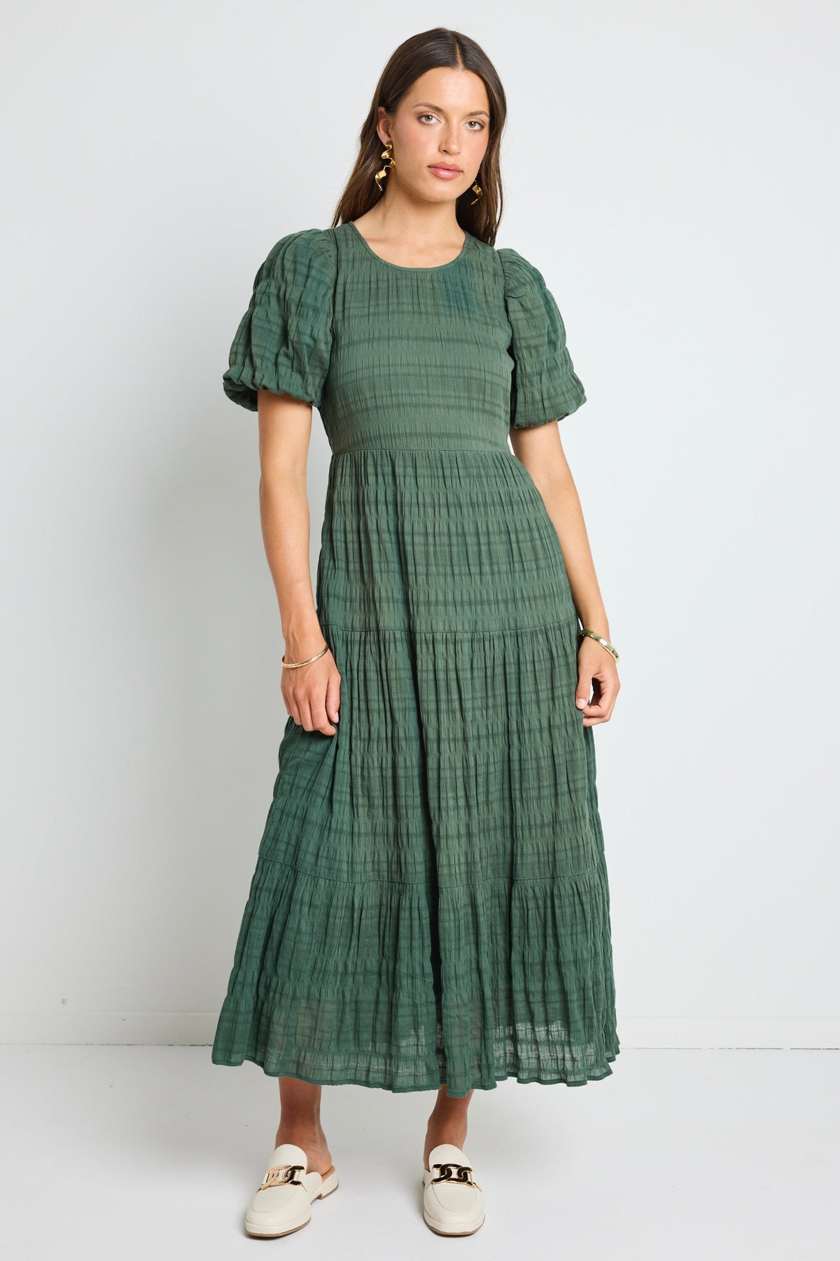 Graceful Forest Bubble Sleeve Tiered Maxi Dress