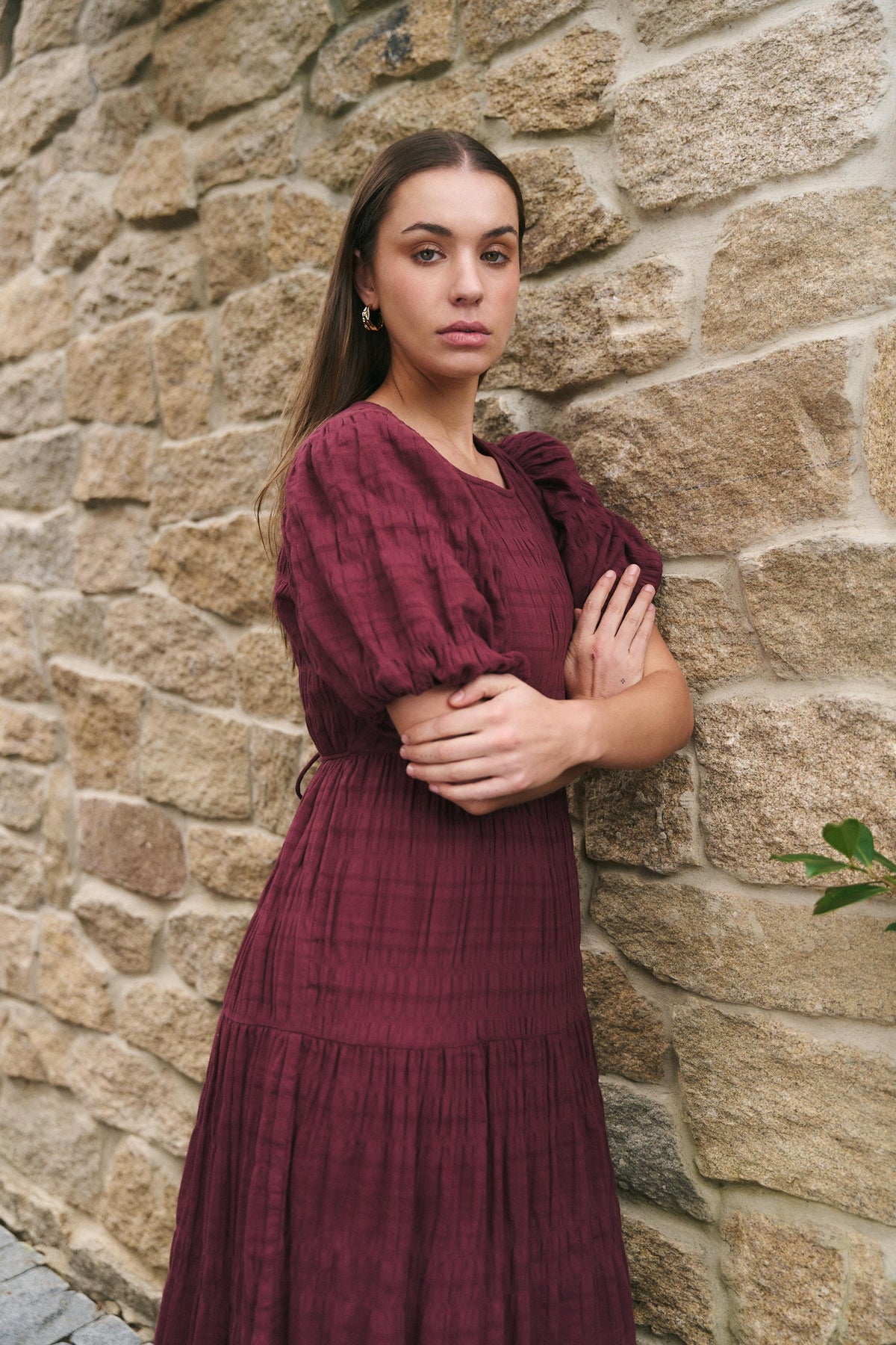 Graceful Burgundy Shirred Cotton Bubble Short Sleeve Tiered Maxi Dress