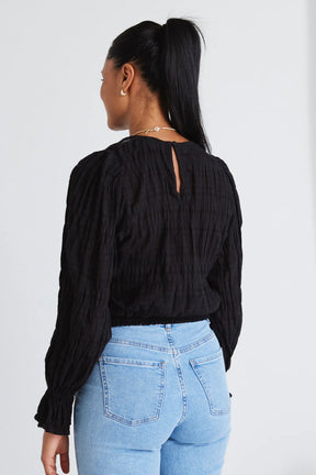 Imagine Black Shirred Cotton Frill Sleeve LS Top