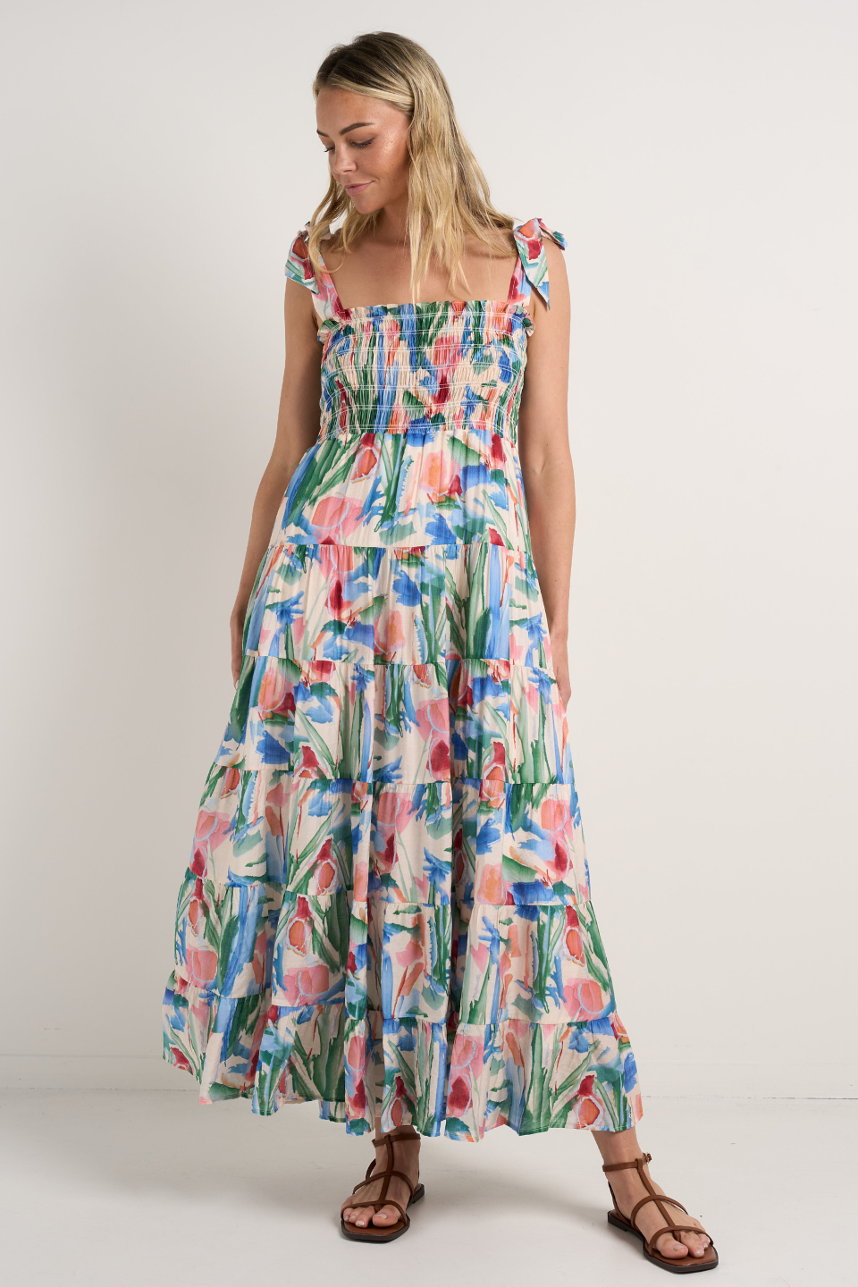 Isabella Watercolour Strappy Tiered Maxi Dress