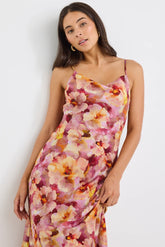 Lavish Pink Multi Floral Tie Back Bias Slip Dress
